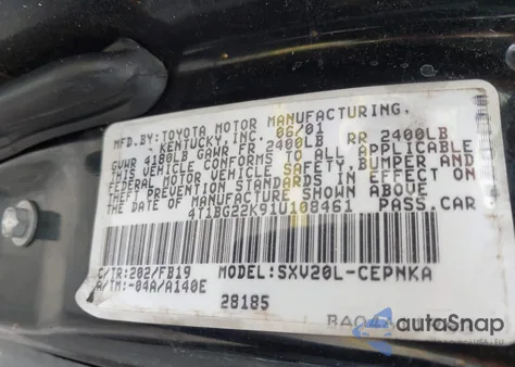 2001 Toyota Camry Le from USA, damaged, VIN 4T1BG22K91U108461